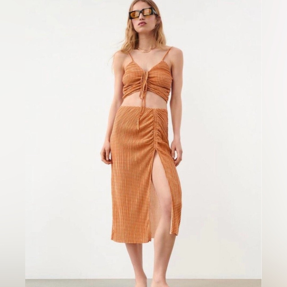 ZARA Ruched Crop Top Camisole & Midi Skirt Set Orange & White Gingham Size Small